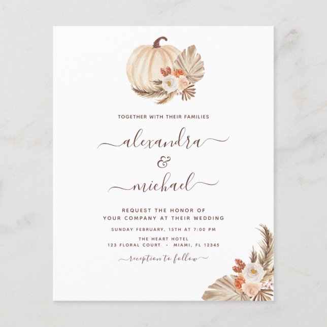 Budget Wedding Boho Pampas Grass White Pumpkin Flyer (Front)