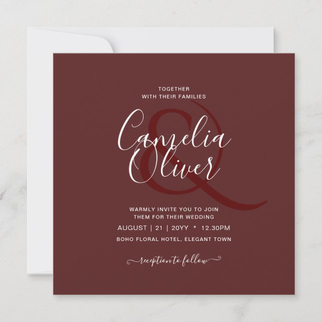 BUDGET Wedding Burgundy Deep Red Monochrome Text Invitation (Front)