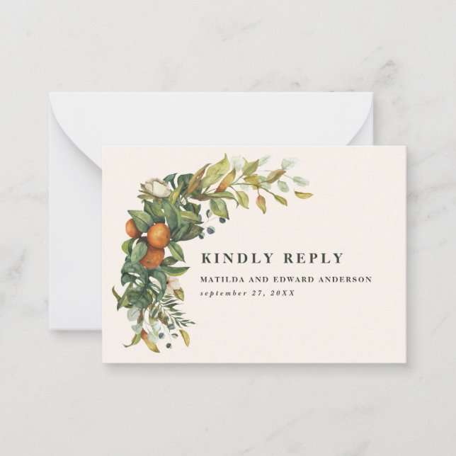 budget wedding citrus botanical modern RSVP card (Front)
