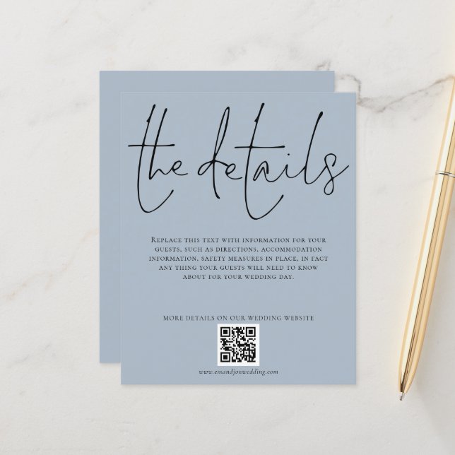 Budget Wedding Details QR Code Script Blue Encl (Front/Back In Situ)