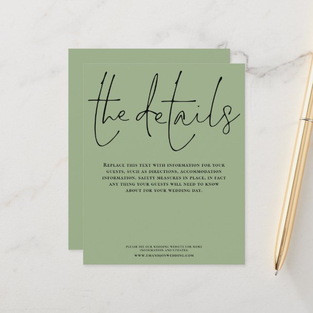Budget Wedding Details Script Sage Green Enclosure (Front/Back In Situ)