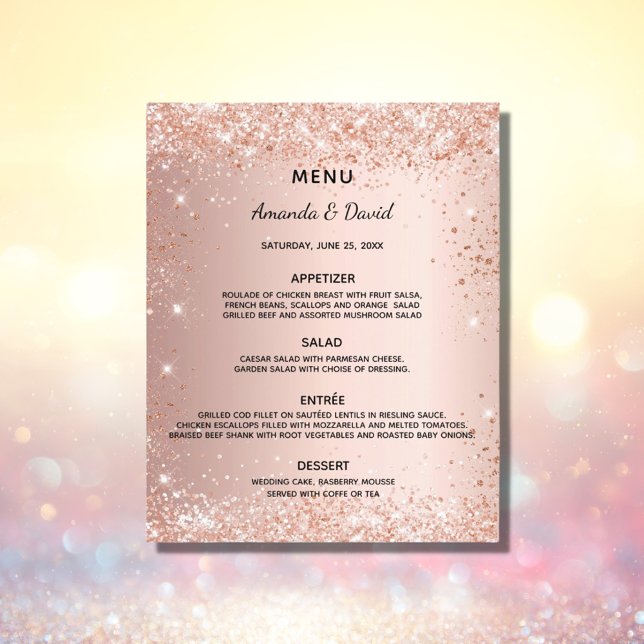 Budget wedding dinner menu rose gold glitter (Creator Uploaded)