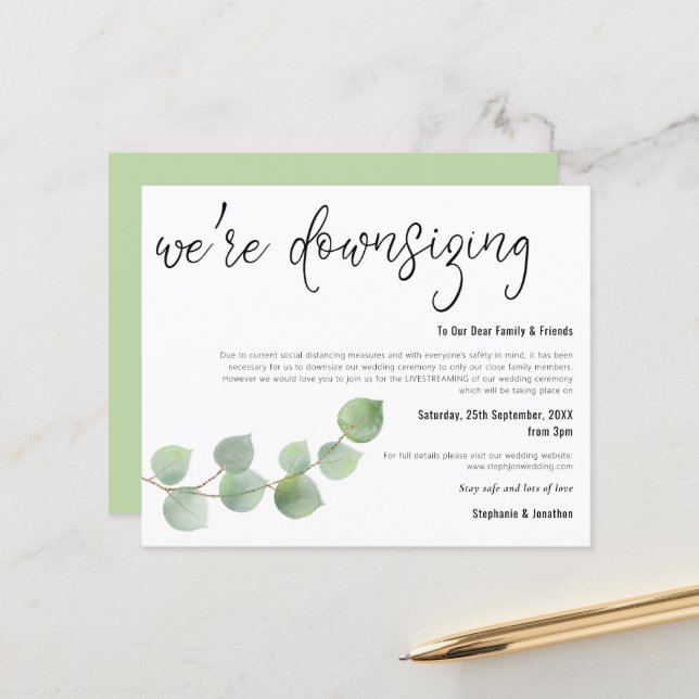 Budget Wedding Downsizing Eucalyptus Announcement (Front/Back In Situ)