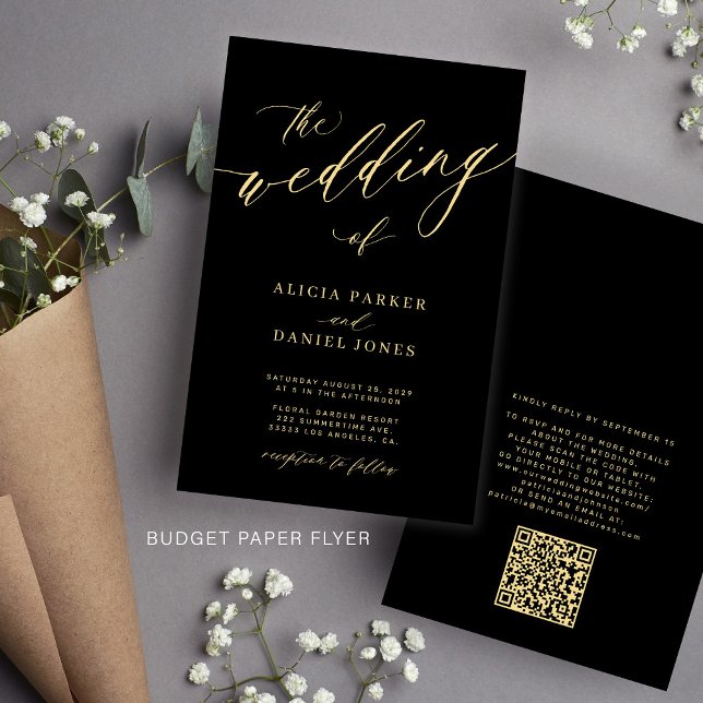 Budget wedding gold black QR code invitation Flyer (Creator Uploaded)