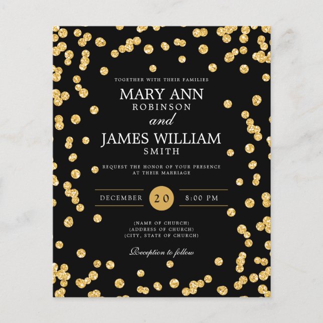 Budget Wedding Gold Glitter Confetti Black Invite Flyer (Front)