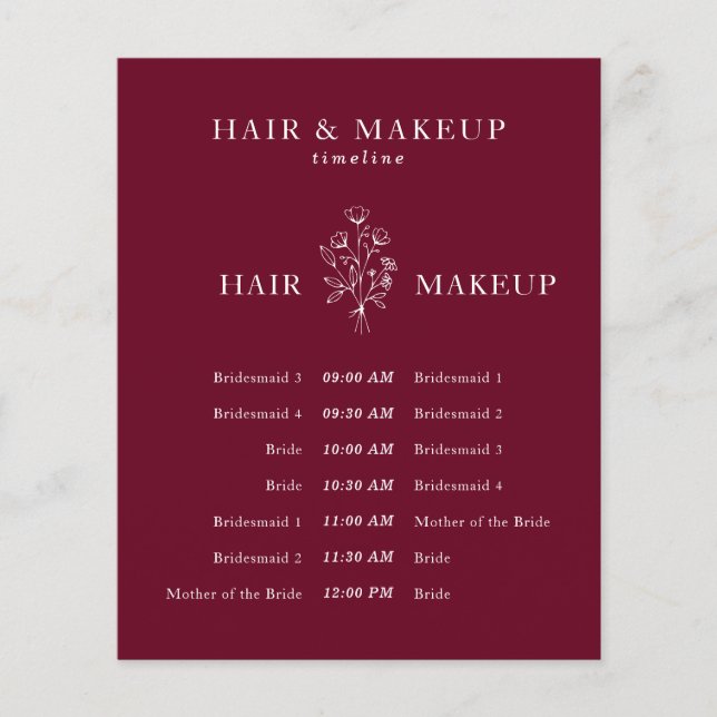 Budget Wedding Hair Makeup Timeline burgundy Flyer (Front)