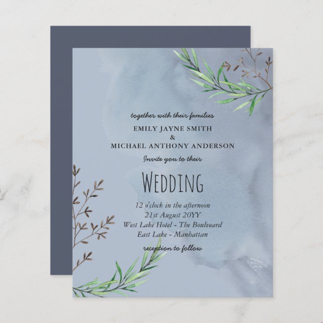 Budget Wedding Invitation Dusty Blue Olive Leaves (Front/Back)