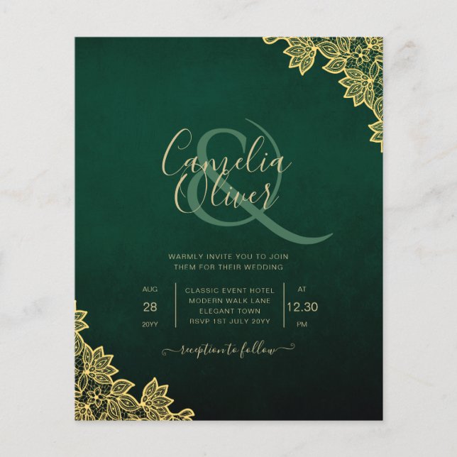 Budget Wedding Invitation Emerald Green Gold Lace (Front)