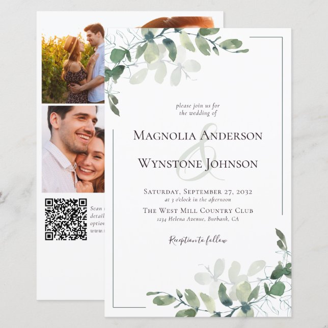 Budget Wedding Invitation | Eucalyptus QR Code (Front/Back)