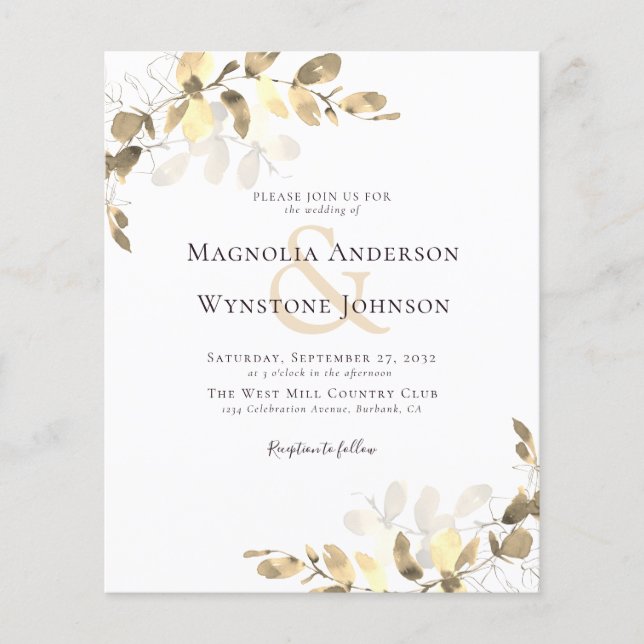 Budget Wedding Invitation | Gold Eucalyptus  (Front)
