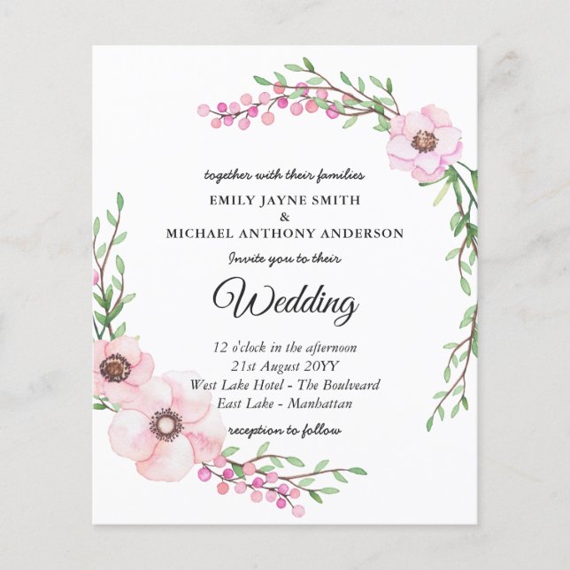 Budget Wedding Invitation Modern Pink Floral (Front)