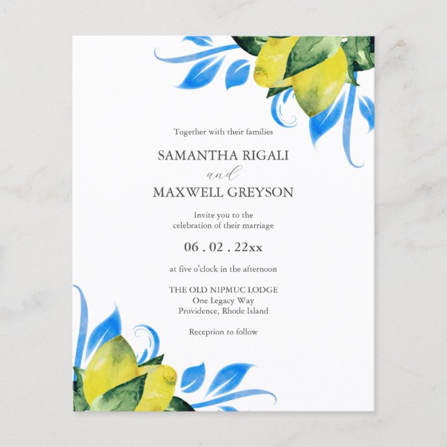 Budget Wedding Invitation Watercolor Lemon Flyer (Front)