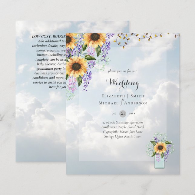 BUDGET WEDDING INVITATIONS - Rustic Sunflowers (Front/Back)