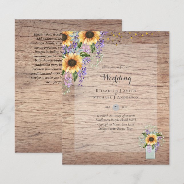BUDGET WEDDING INVITATIONS - Rustic Sunflowers (Front/Back)