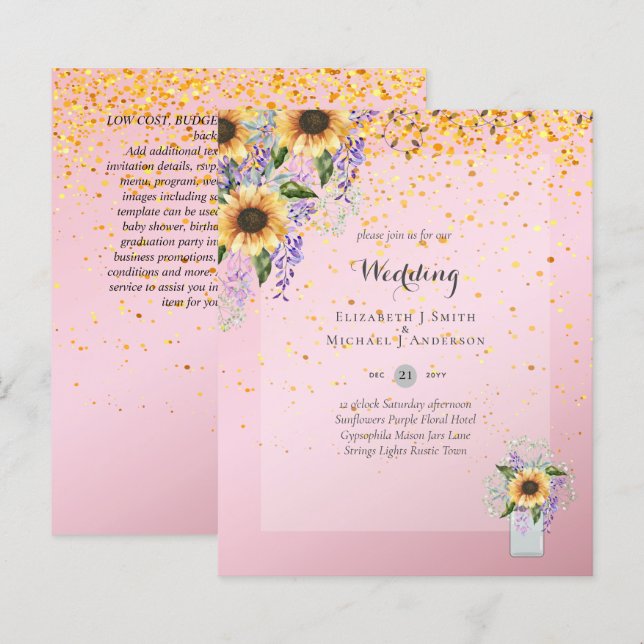 BUDGET WEDDING INVITATIONS - Rustic Sunflowers (Front/Back)