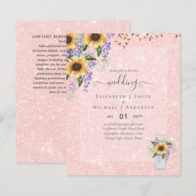 BUDGET WEDDING INVITATIONS Rustic Sunflowers CHIC (Front/Back)