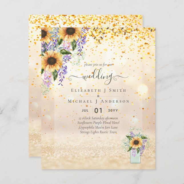 BUDGET WEDDING INVITATIONS Rustic Sunflowers CHIC (Front/Back)