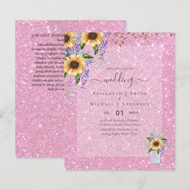 BUDGET WEDDING INVITATIONS Rustic Sunflowers CHIC (Front/Back)