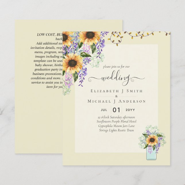 BUDGET WEDDING INVITATIONS Rustic Sunflowers CHIC (Front/Back)