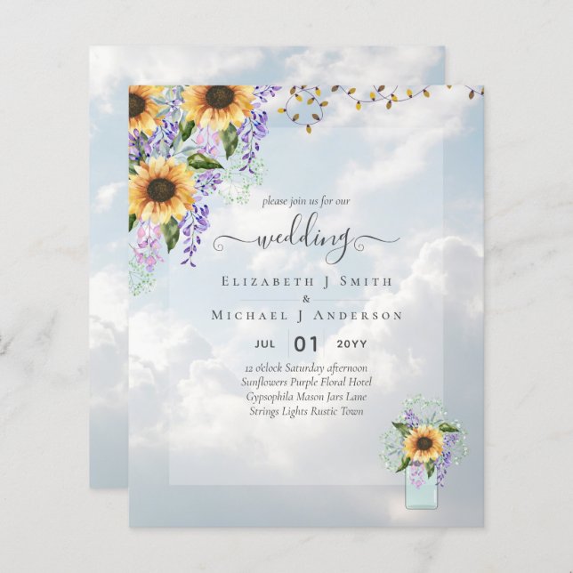 BUDGET WEDDING INVITATIONS Rustic Sunflowers CHIC (Front/Back)