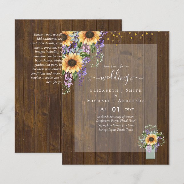 BUDGET WEDDING INVITATIONS Rustic Sunflowers CHIC (Front/Back)