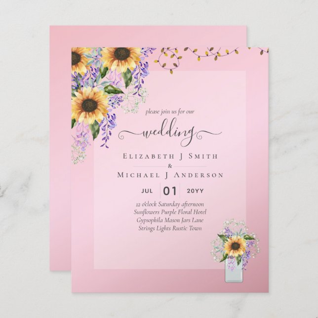 BUDGET WEDDING INVITATIONS Rustic Sunflowers CHIC (Front/Back)