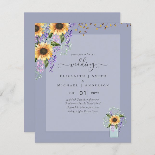 BUDGET WEDDING INVITATIONS Rustic Sunflowers CHIC (Front/Back)