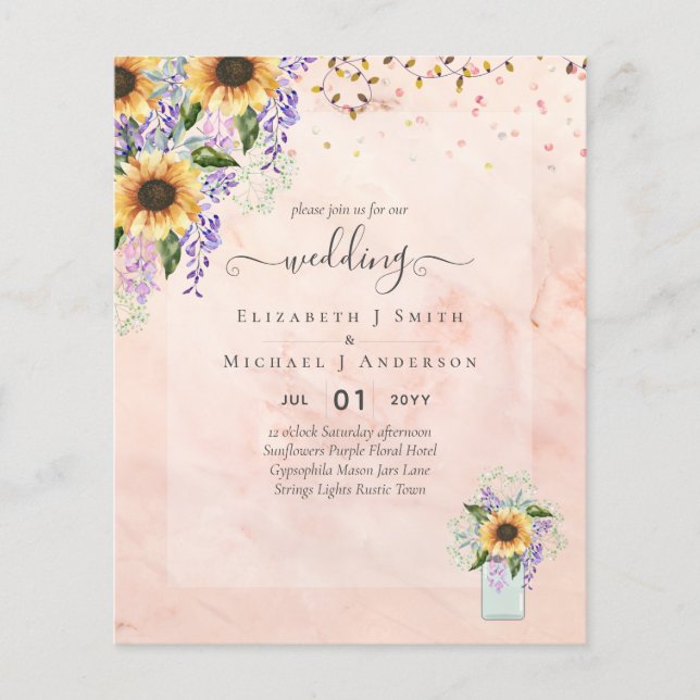 BUDGET WEDDING INVITATIONS Rustic Sunflowers CHIC Flyer (Front)