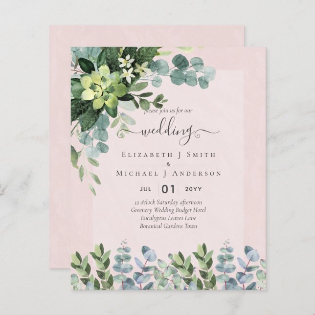 BUDGET WEDDING INVITATIONS SAVE DATES - GREENERY (Front/Back)