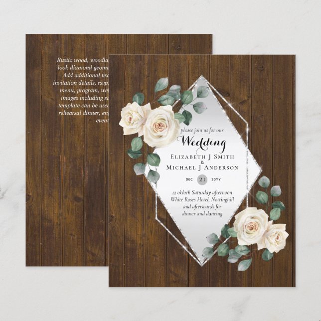 BUDGET WEDDING INVITATIONS - White Roses Silver (Front/Back)