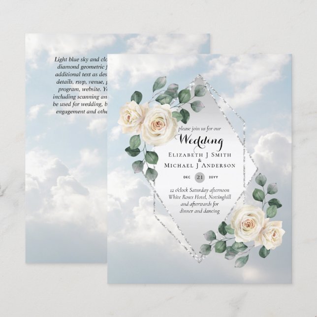 BUDGET WEDDING INVITATIONS - White Roses Silver (Front/Back)