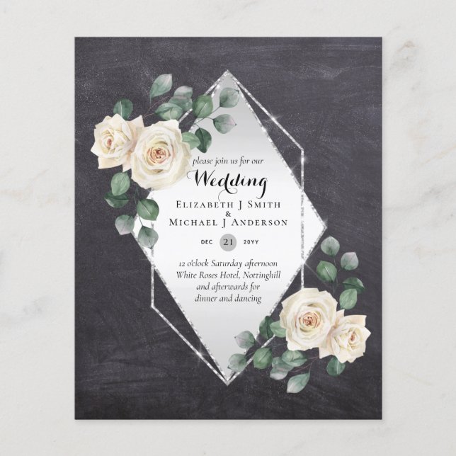 BUDGET WEDDING INVITATIONS - White Roses Silver Flyer (Front)
