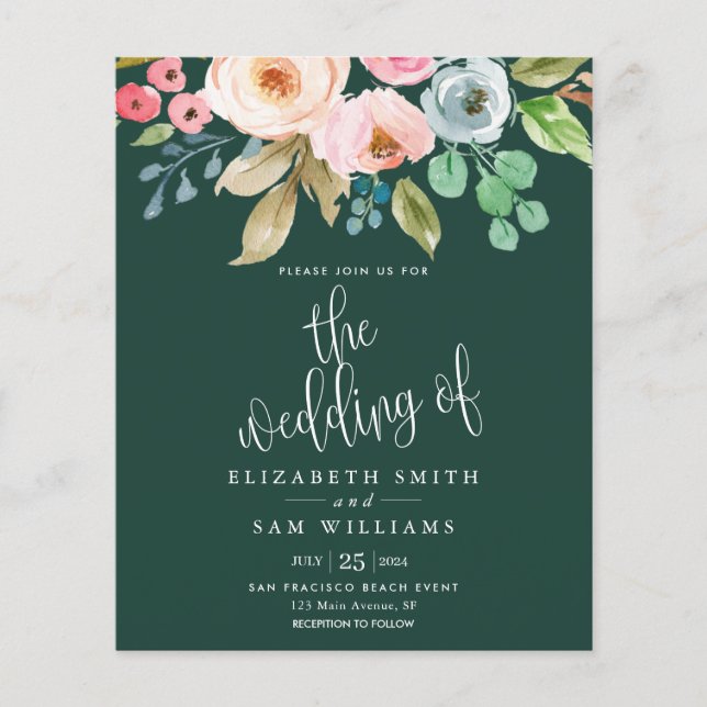 Budget Wedding Invite Floral Green Emerald Flyer (Front)