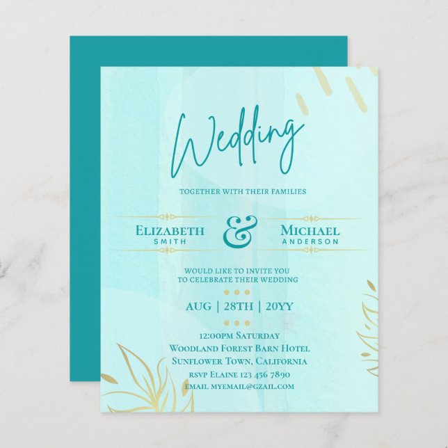 BUDGET Wedding Invite Teal Gold Abstract (Front/Back)