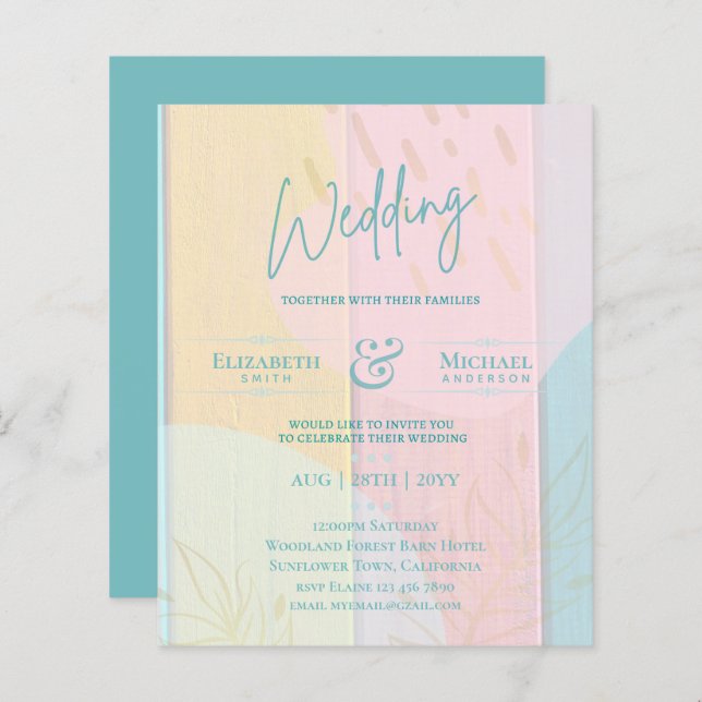 BUDGET Wedding Invite Teal Pink Gold Abstract (Front/Back)