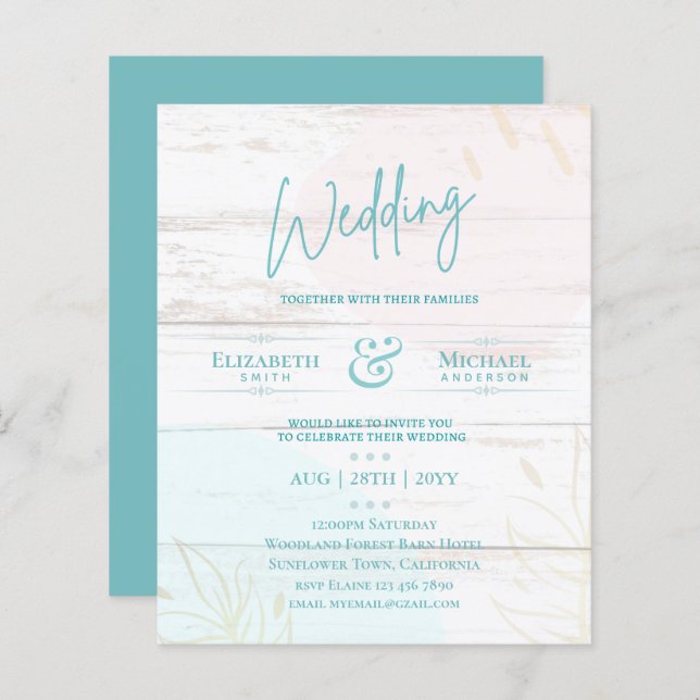 BUDGET Wedding Invite Teal Pink Gold Abstract (Front/Back)