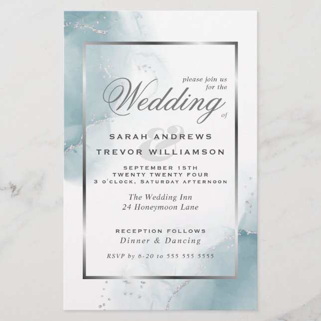 Budget Wedding Light Teal Blue Silver Abstract (Front)