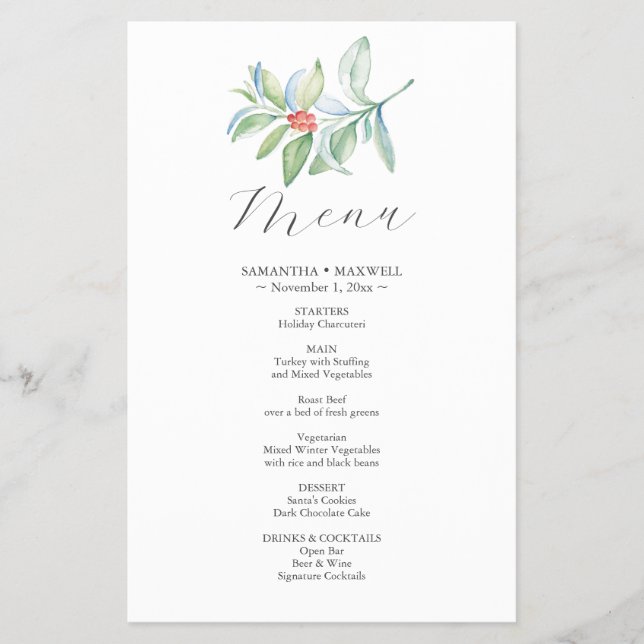 Budget Wedding Menu Winter Botanicals (Front)