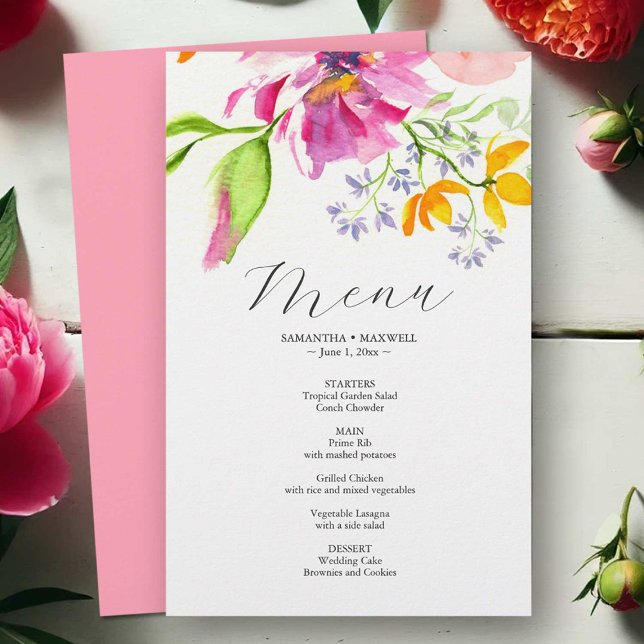 Budget Wedding Menus Watercolor Pink Florals Flyer (Wedding menu watercolor pink and orange flowers by Victoria Grigaliunas of Do Tell A Belle)
