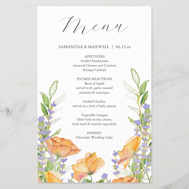 Budget Wedding Menus Watercolor Wildflower Flyer (Front)