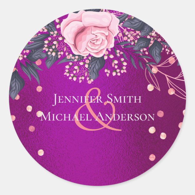 Budget Wedding Metallic Look Rosegold Pink Floral Classic Round Sticker (Front)