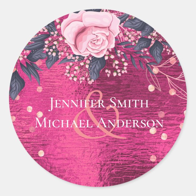 Budget Wedding Metallic Look Rosegold Pink Floral Classic Round Sticker (Front)