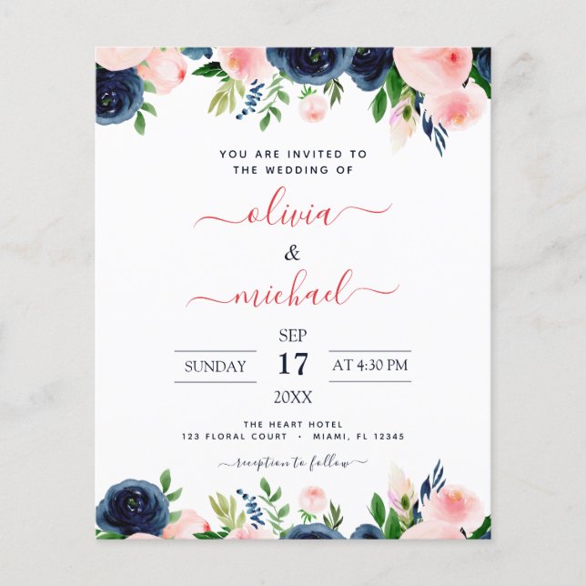 Budget Wedding Navy Blue Blush Pink Floral (Front)