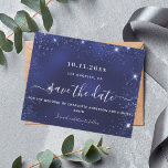 Budget wedding navy blue glitter sparkle save date<br><div class="desc">A modern and elegant Save the Date for a wedding. A navy blue background decorated with faux silver glitter dust.  Personalise and add a date and names. The text: Save the Date is written with a large trendy hand lettered style script.</div>