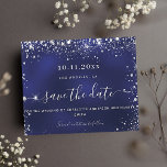 Budget wedding navy blue silver glitter save date<br><div class="desc">A modern and elegant Save the Date for a wedding. A navy royal background decorated with faux silver glitter dust.  Personalise and add a date and names. The text: Save the Date is written with a large trendy hand lettered style script.</div>