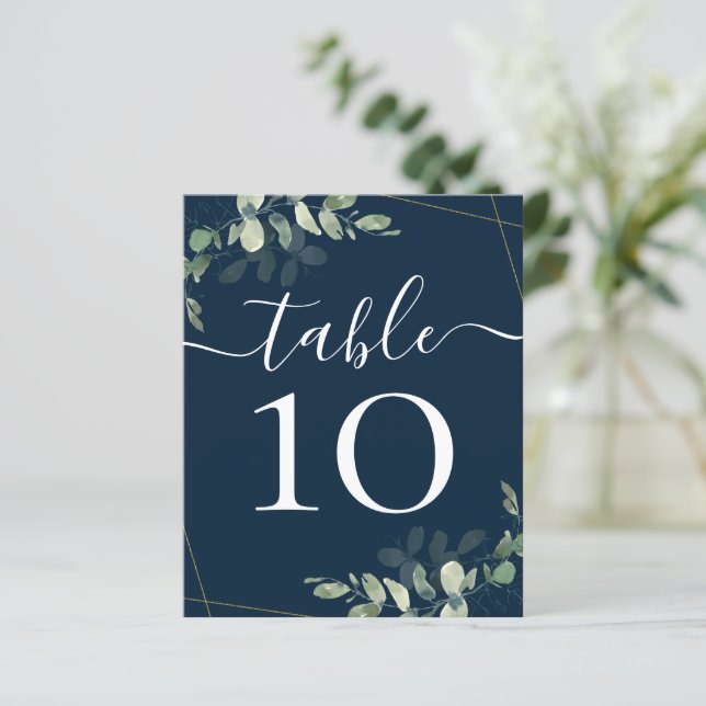 BUDGET Wedding Navy Gold Eucalyptus Table Number (Standing Front)
