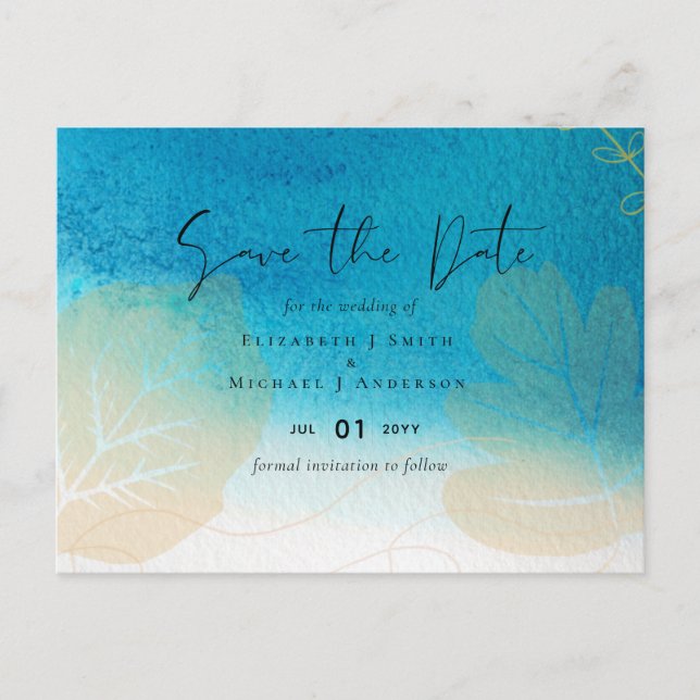 BUDGET Wedding Ocean Blue Watercolor Save Dates Postcard (Front)