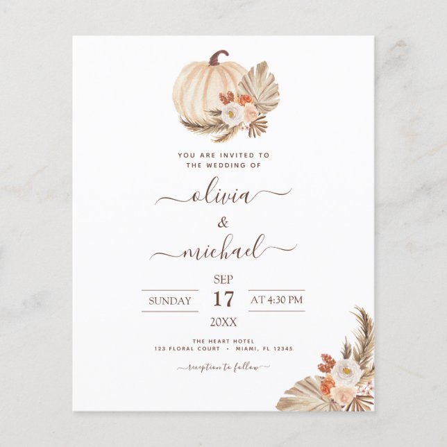 Budget Wedding Pampas Grass White Pumpkin Flyer (Front)
