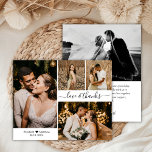Budget Wedding Photo Collage Thank You Script Card<br><div class="desc">Budget, Elegant, Minimalist Hand Lettered Wedding 4 Photo Collage Thank You personalised affordable low budget thin card. Stylish wedding thank you card template featuring four photo on the front and one photo on the back. With the text "Love and thanks" in a swirly hand lettered typography script font with swash...</div>