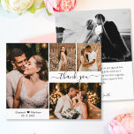 Budget Wedding Photo Collage Thank You Script Card<br><div class="desc">Budget, Elegant, Minimalist Hand Lettered Wedding 4 Photo Collage Thank You Card. Stylish wedding thank you card template featuring four photo on the front and one photo on the back. With the text "Thank you" in a swirly hand lettered typography script font with swash in black on white background. Personalise...</div>
